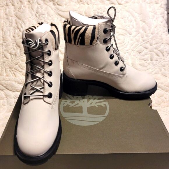 Timberland Booties Kinsley Waterproof White Nubuck Leather Zebra Lug Sole 7 New - Picture 3 of 13